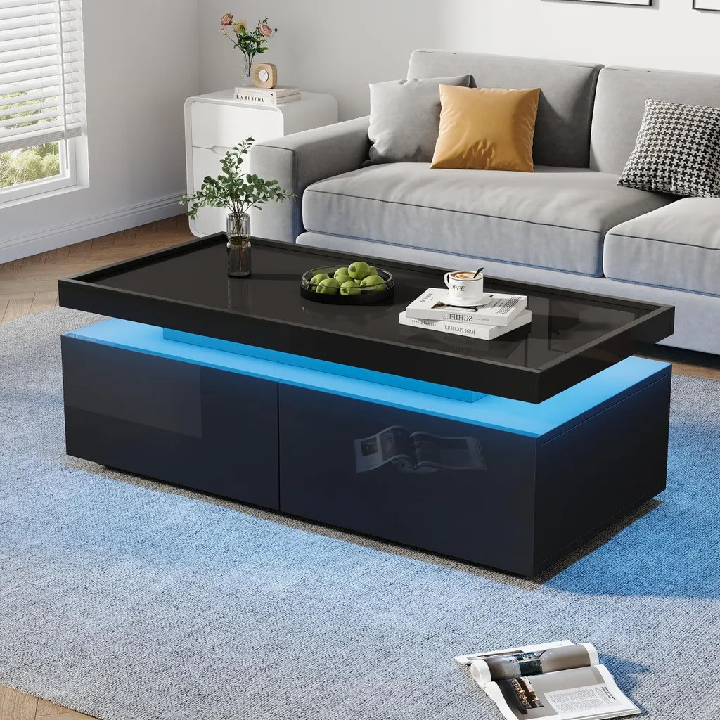 Meuble de salon table basse laquée noire avec éclairage LED intelligent