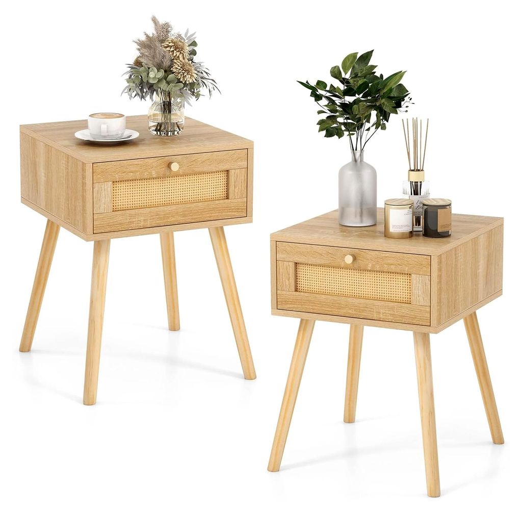 2er Set Nachttisch Rattan, Beistelltisch mit Schublade, Nachtkommode, Sofatisch für Schlafzimmer und Wohnzimmer, Eiche, 40 x 40 x 55 cm