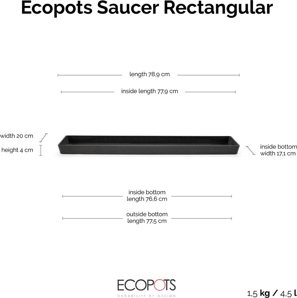 Permapack Ecopots Saucer Rectangular, Untersetzer, Grau, 194 mm, 40 mm, 1,5 kg, 789 mm