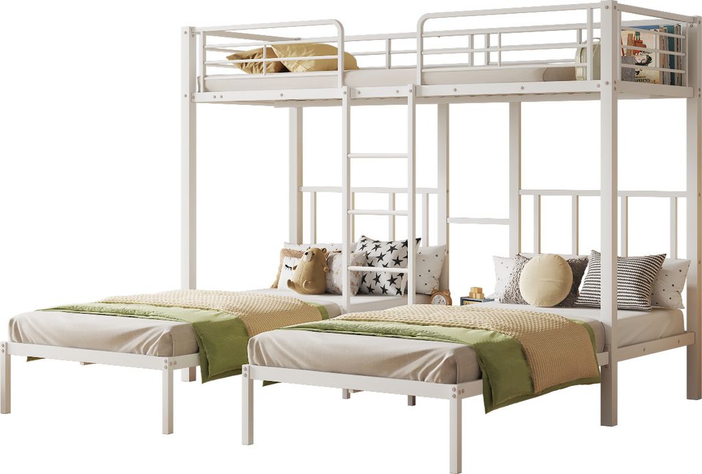 A white metal triple bunk bed with bedding and pillows.