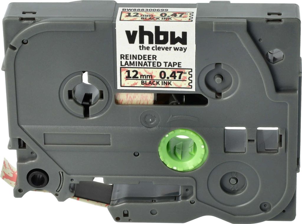 vhbw Schriftband-Kassette kompatibel mit Brother GL H105, 100, 200, H100 Etiketten-Drucker Schwarz auf Weiß/Rot (Rentiermuster), Laminiert