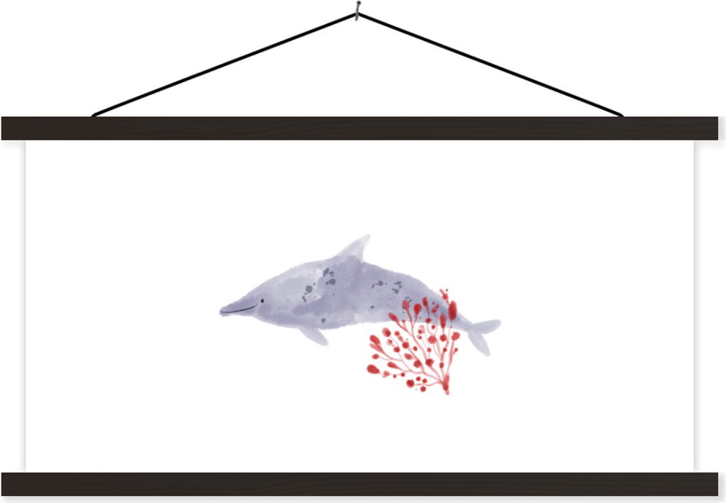 MuchoWow Textilposter Fische - Pflanzen - Aquarell 90x45 cm mit schwarzem Rahmen - Klemmleisten