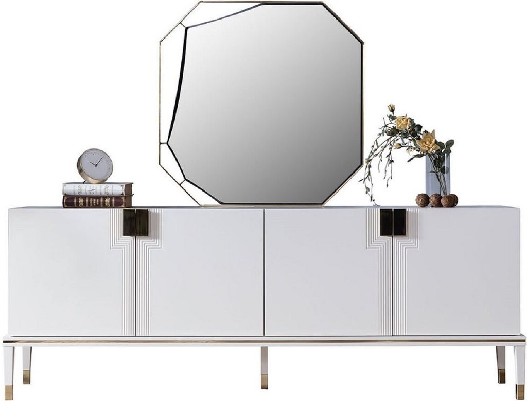 Casa Padrino Luxus Möbel Set Weiß / Gold - 1 Sideboard mit 4 Türen & 1 Spiegel - Moderne Massivholz Möbel - Luxus Kollektion
