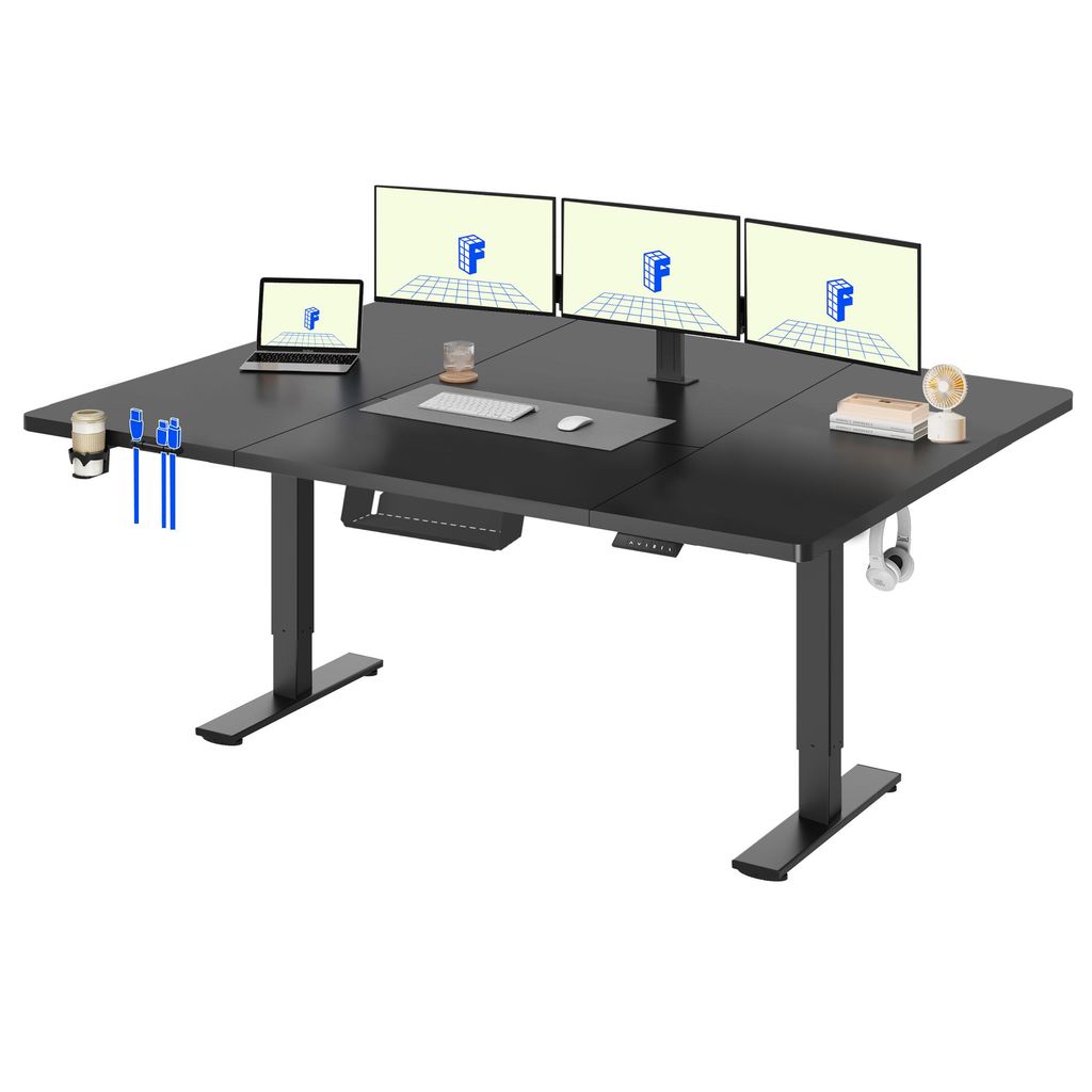 A black standing desk with three monitors, a laptop, and accessories.