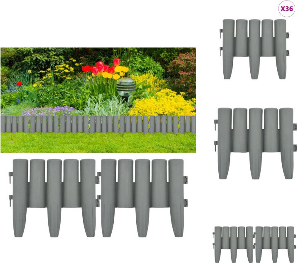 vidaXL Rasenkanten 36 Stk. Grau 10 m PP - Beeteinfassungen