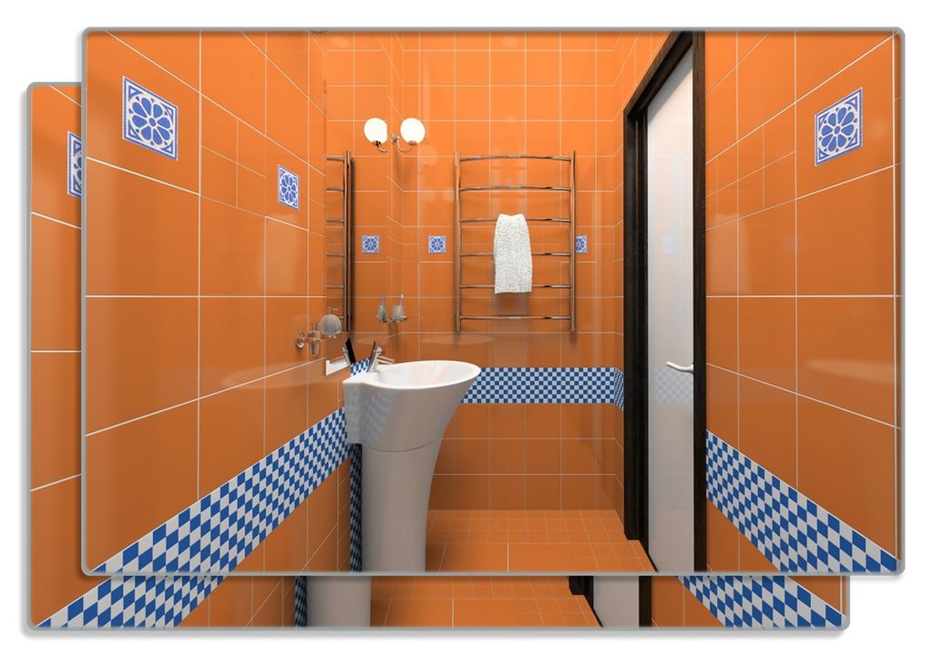 Wallario Frühstücksbrettchen 2er Set aus Glas, je 20 x 30 cm, mit rutschfesten Füßen, Motiv Modernes Badezimmer in orange mit blauen Fliesen