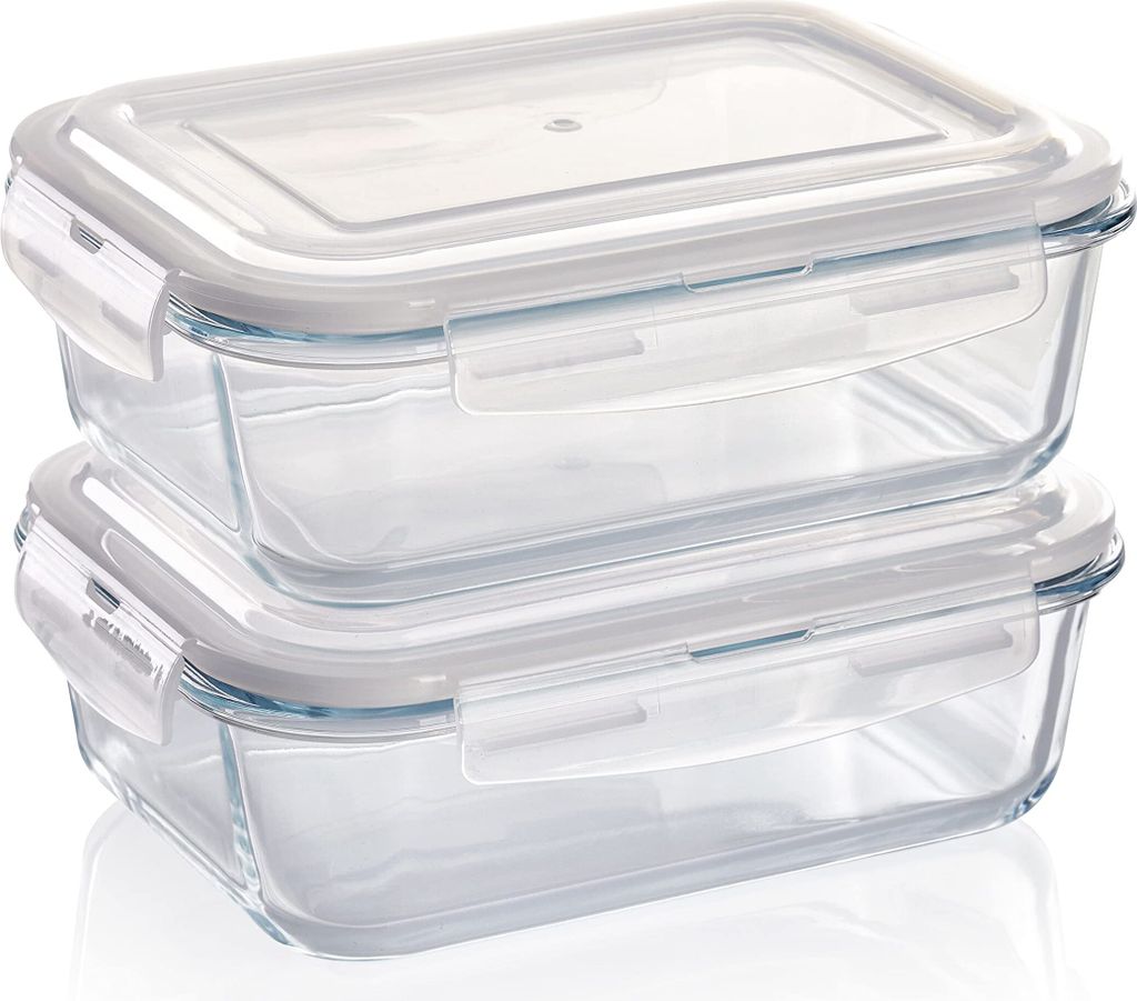 Frischhaltedose – Glas Vorratsdosen 2x1520 ml, rechteckig, luftdicht mit Click-Verschluss, für Ofen, Mikrowelle & Gefrierfach geeignet