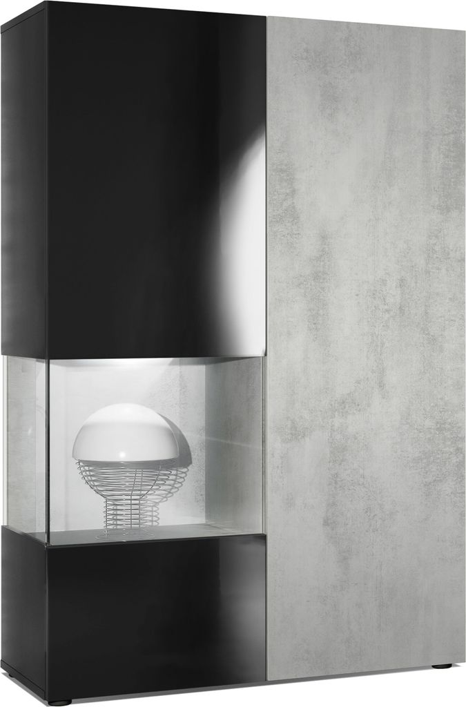 Vladon Vitrine Kommode Hochschrank Morena, Germany, Korpus in Schwarz matt / Rechte Tür und der Einsatz in Beton Oxid Optik, inkl. LED Beleuchtung