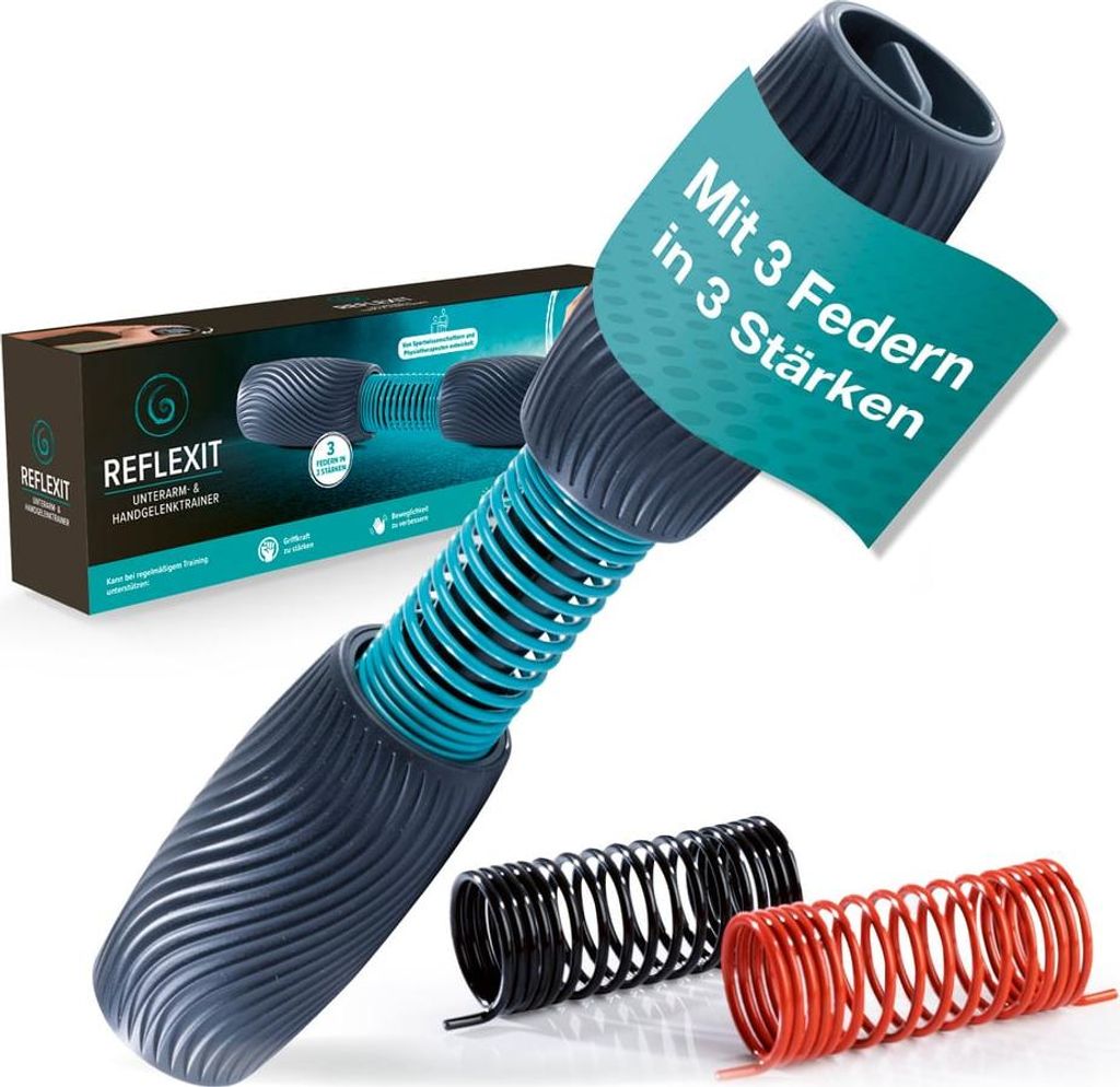 A product shot of a hand and forearm exerciser with interchangeable springs, shown with its packaging in the background.