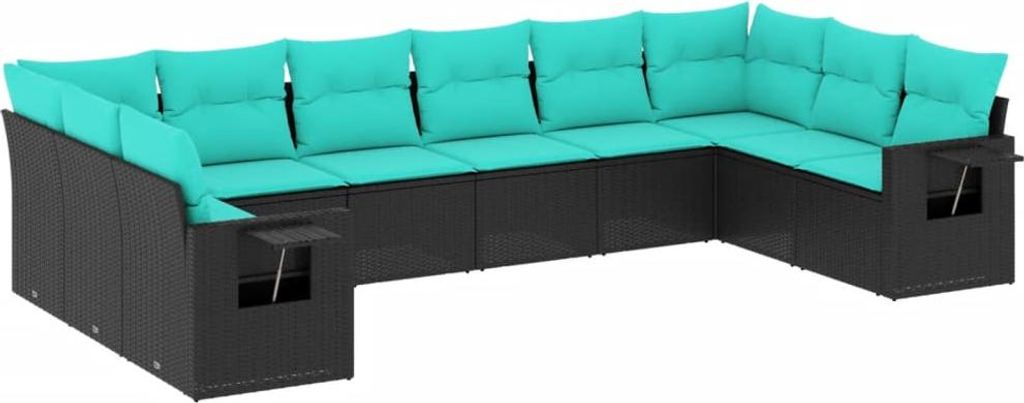 vidaXL 10-teiliges Gartensofa-Set mit Kissen, schwarzes Polyrattan
