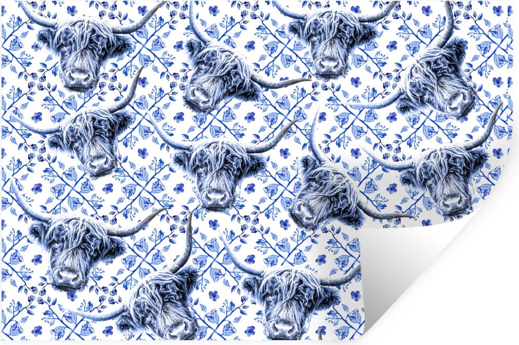 MuchoWow Wandtattoo Wandsticker Wandaufkleber Schottischer Highlander - Delfter Blau - Muster 90x60 cm Selbstklebend und Repositionierbar - Aufkl...