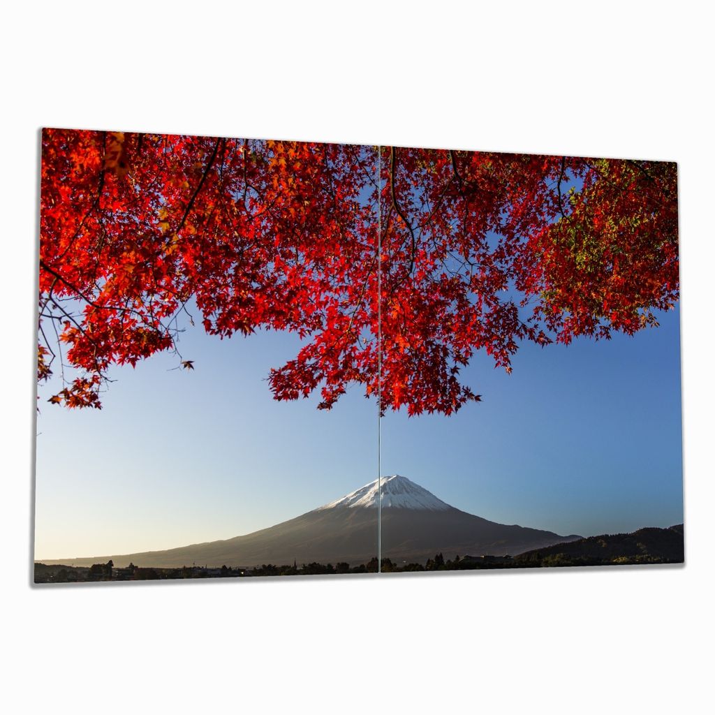 Wallario Herdabdeckplatte aus Glas, Größe 80 x 52 cm 2-teilig, Motiv Vulkanpanorama im Herbst