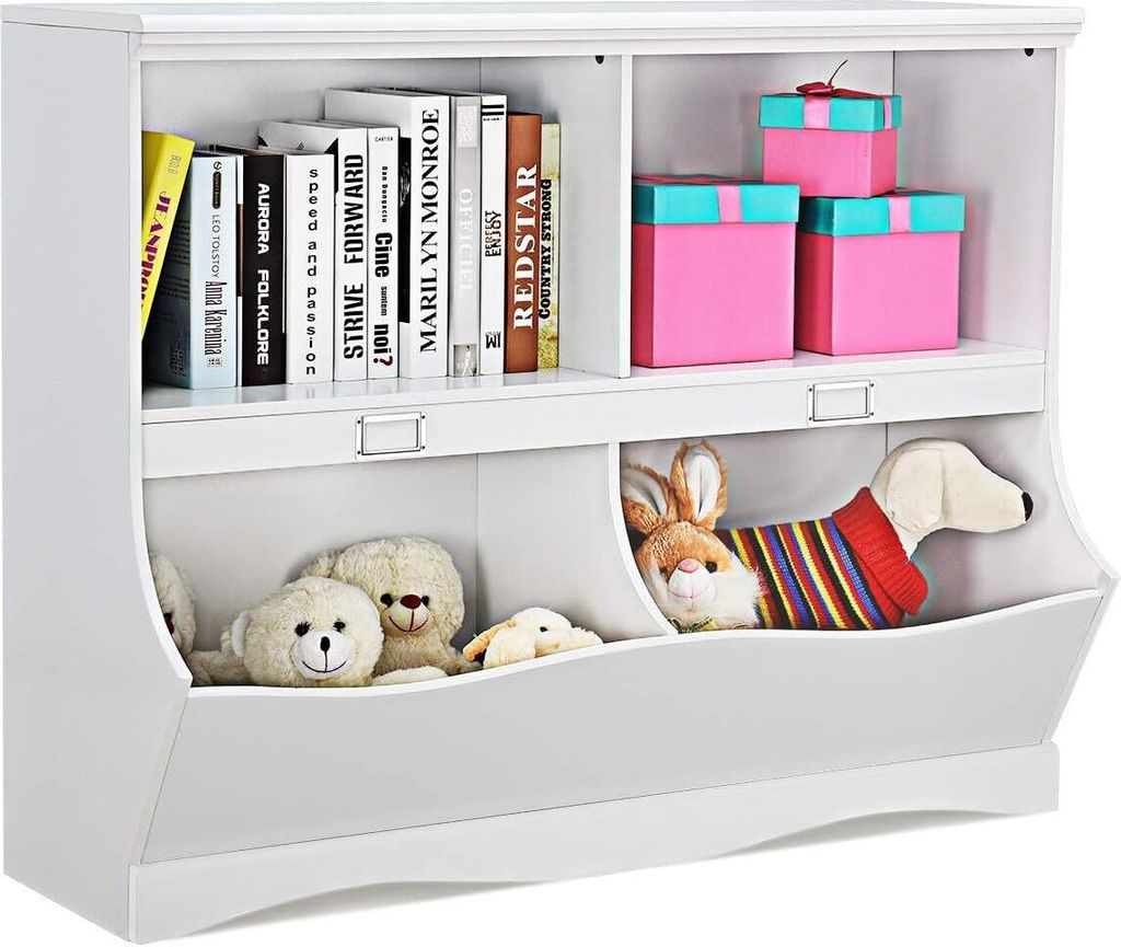 KOMFOTTEU Kinder Bücherregal groß, Spielzeugregal Kinderzimmerregal aus Holz, Spielzeugschrank mit 4 Aufbewahrungsfach, 105,5x39,5x84 cm Weiß