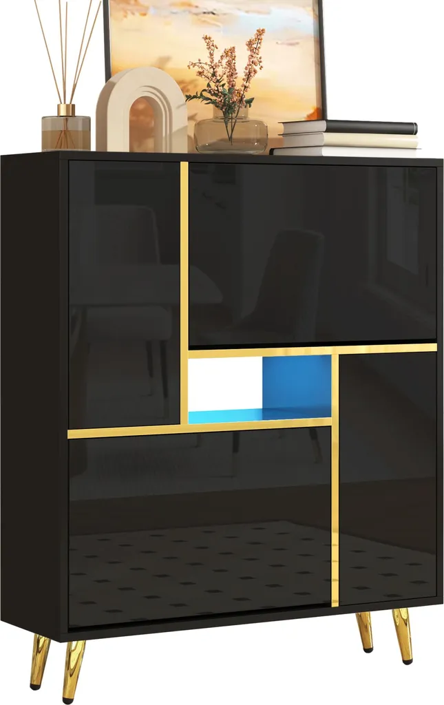 Scarpiera moderna Sweiko, scarpiera nera con frontale lucido e luce LED a 16 colori (80 x 25 x 96 cm)
