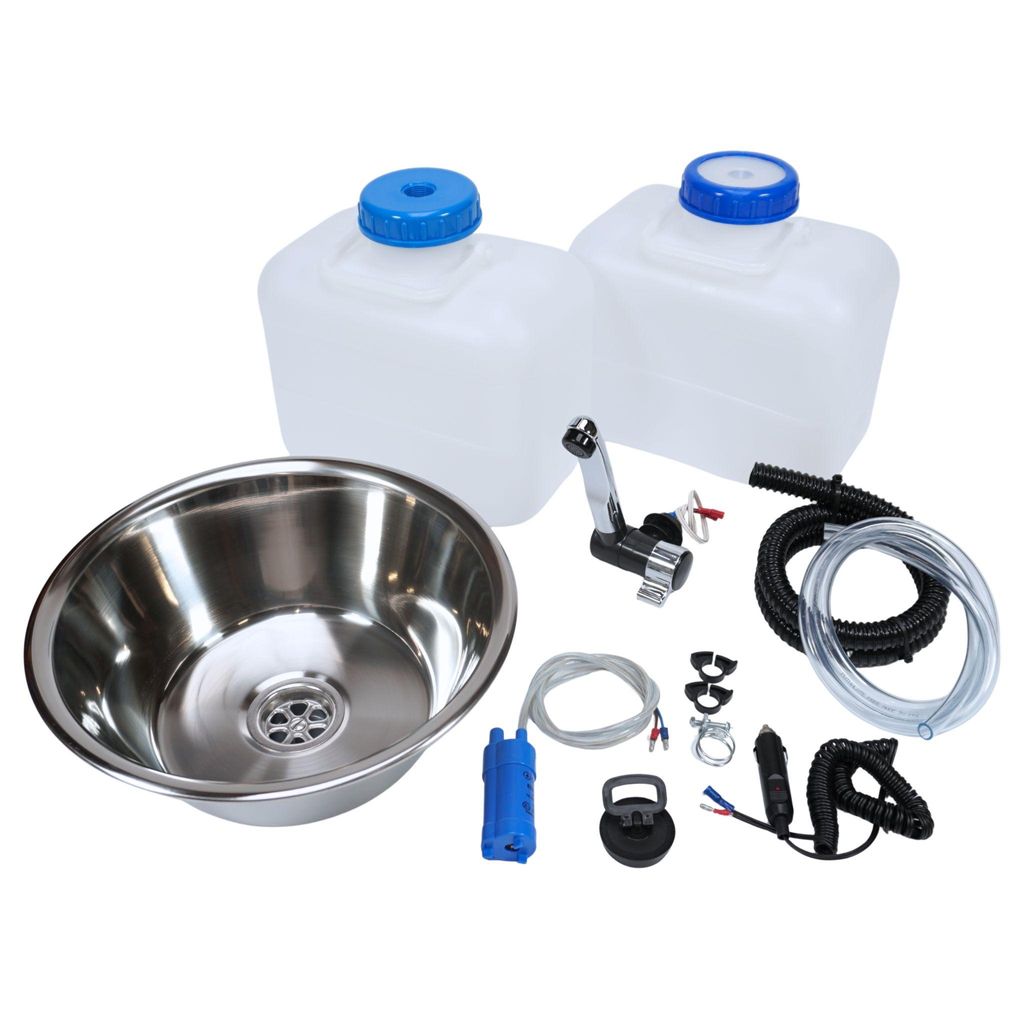 12V Camping Spüle rund 32cm Bausatz mit 10L Kanister Spülbecken Waschbecken Set