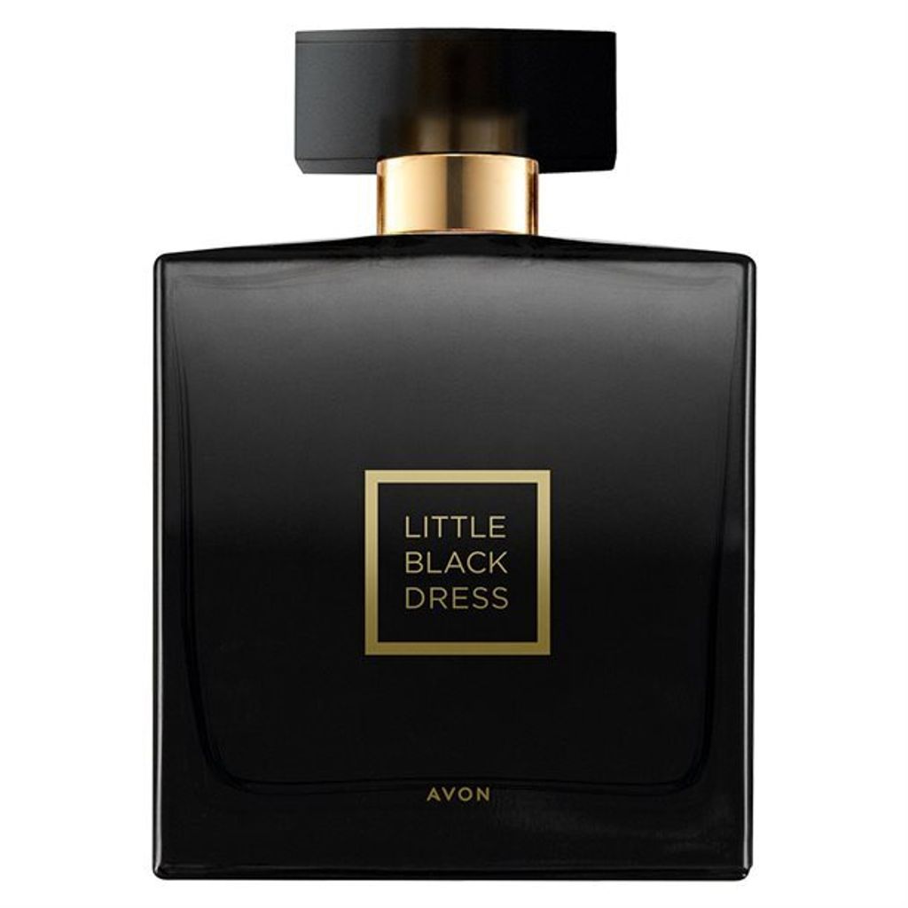 A black perfume bottle with gold accents and text.