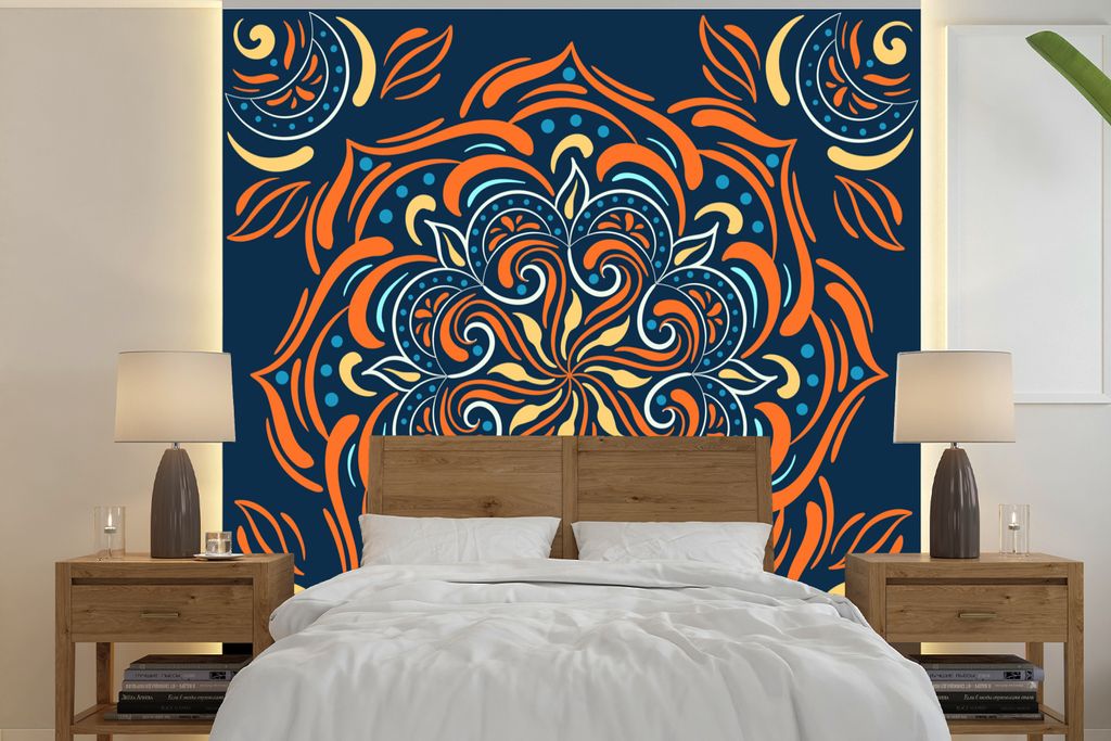 MuchoWow Fototapete für Wohnzimmer oder Schlafzimmer Wandtapete Vinyl Motivtapete Mandala - Orange - Muster - 220x220 cm - Tapeten