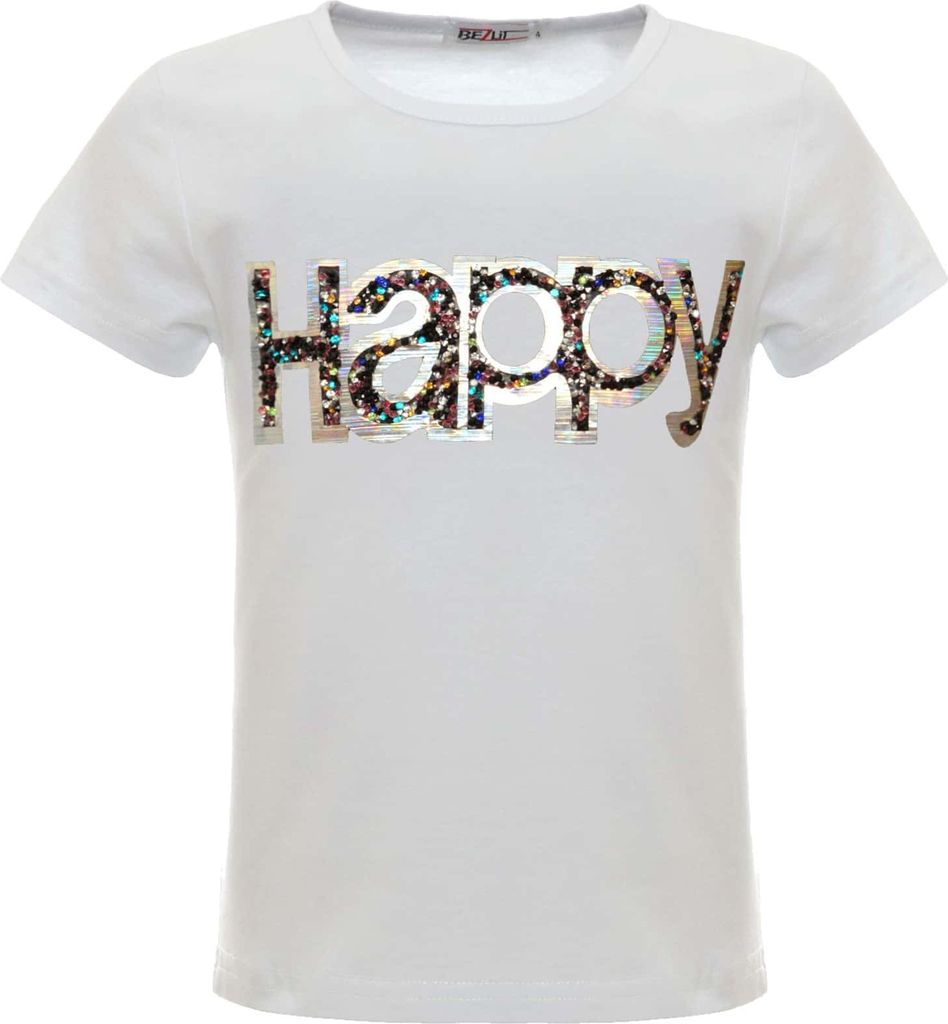 BEZLIT Mädchen Sommer Shirt mit Glitzersteinchen im HAPPY-Schriftzug Weiß 116