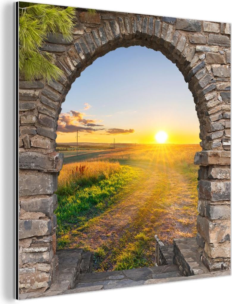 MuchoWow Wanddekoration Metall Metallbild Wandkunst 50x50 cm Landleben - Sonne - Aussicht - Landschaft MuchoWow Aluminium Gemälde - Alubild - Indu...