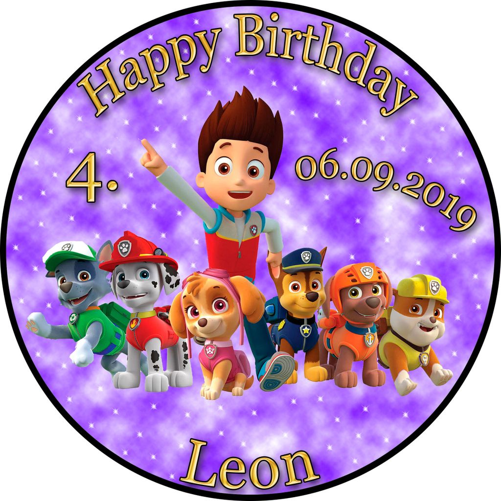 Tortenaufleger Fototorte Tortenbild Kindergeburtstag Paw Patrol PP02 (Zuckerpapier) Rund 14 cm Ø ohne Banner & Foto Violett