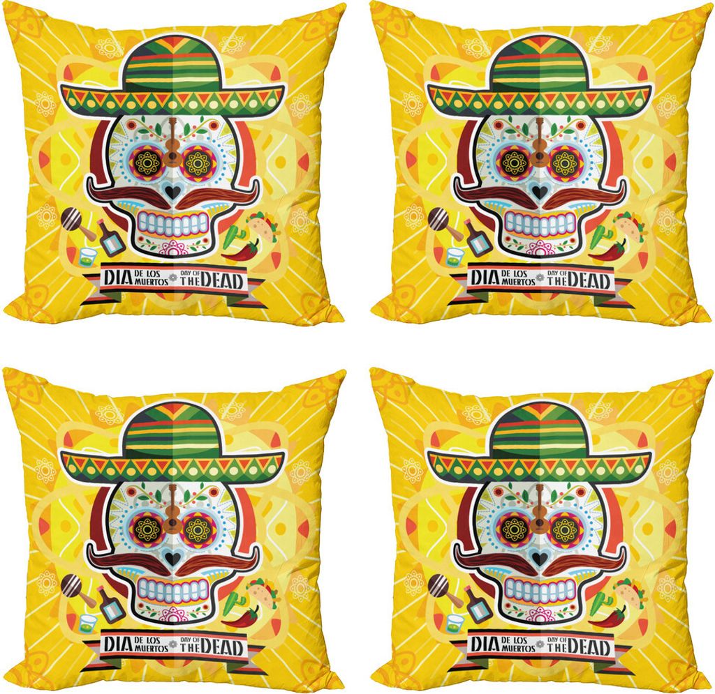 ABAKUHAUS Tag der Toten Kissenbezug Set (4 Stück), Mexikanischer Zuckerschädel, Moderner Doppelseitiger Digitaldruck, 45 cm x 45 cm, Gelb
