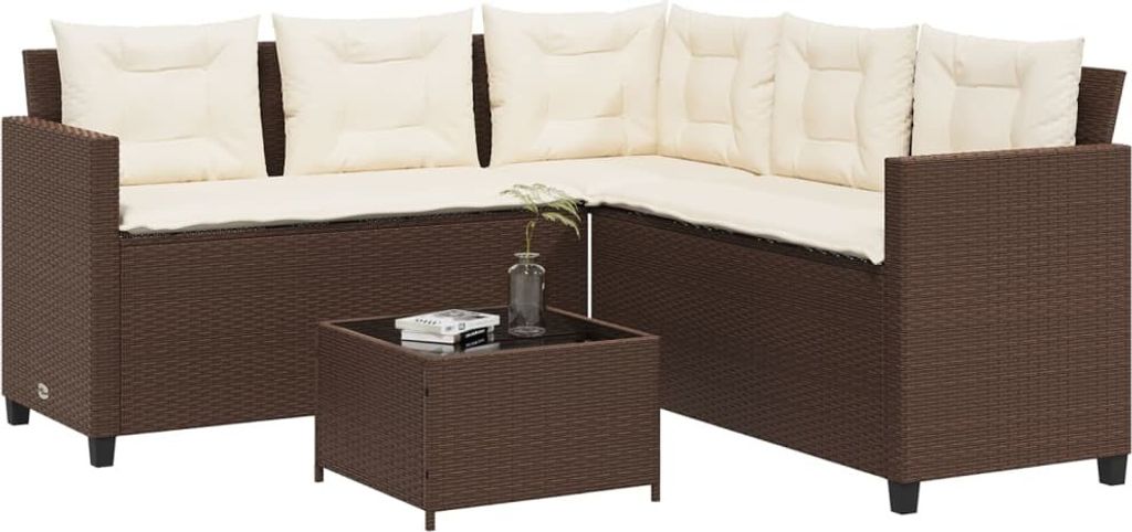 Gartensofa in L-Form mit Tisch und Kissen Braun Poly Rattan