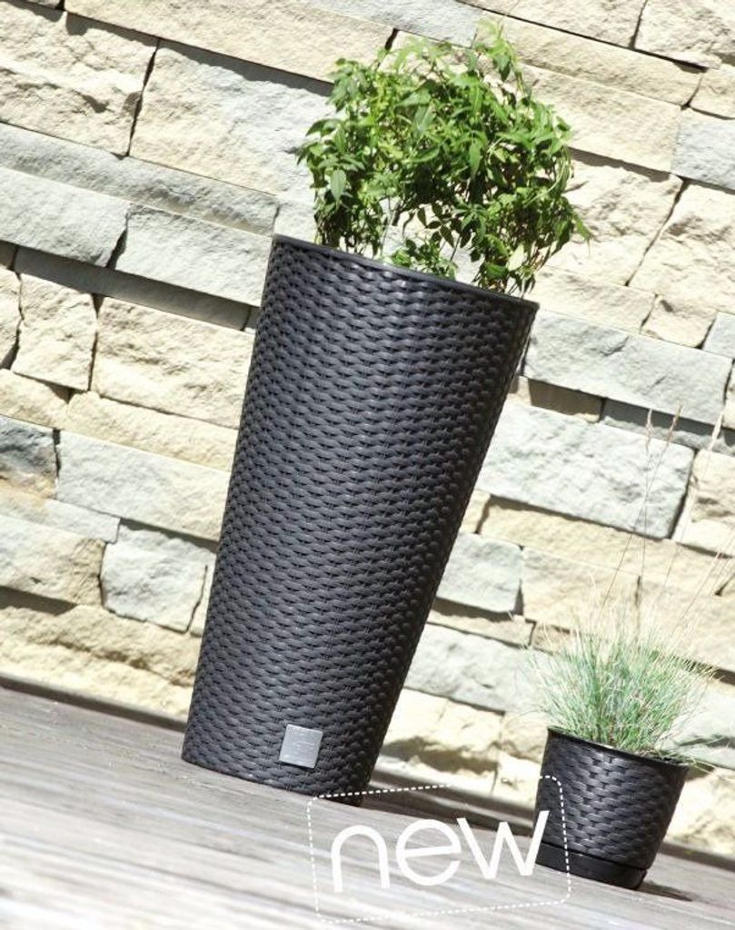 Vaso Per Piante Alto Rato Tubus: Effetto Rattan, Con Inserti, 48 Cm X 25 Cm, Colore Grigio Antracite