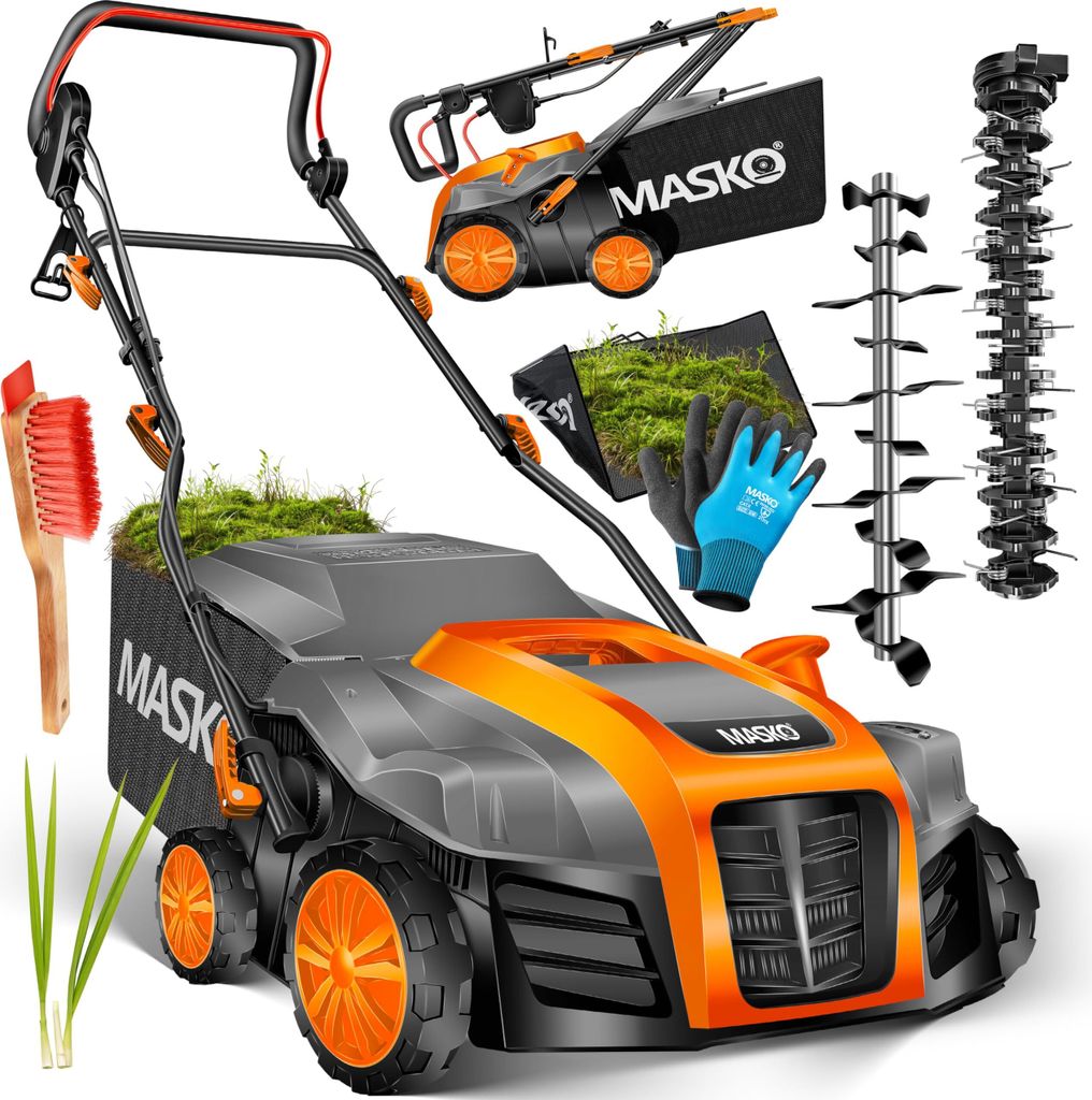 MASKO Elektro 2in1 Vertikutierer Rasenlüfter 1800W 40cm Arbeitsbreite 55L Fangkorb mit Lüfterwalze Lüfter Moosentferner, Bürste & Handschuhe ...