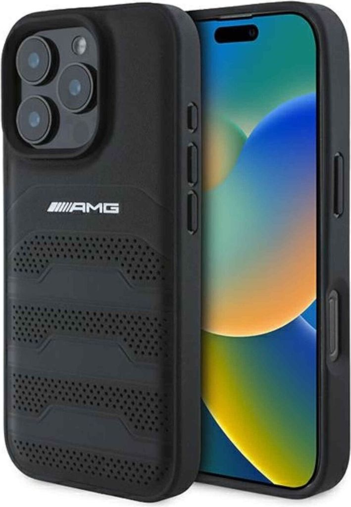 A black iPhone case with the AMG logo is shown on a black background.