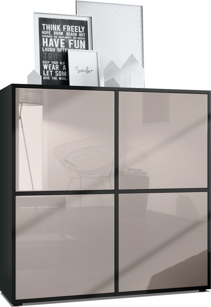 Vladon Highboard Cuba V2 Schrank 104 x 105,5 x 35,5 cm Sideboard mit 8 Fächern, Germany, Korpus in Schwarz matt / Fronten in Sandgrau Hochglanz