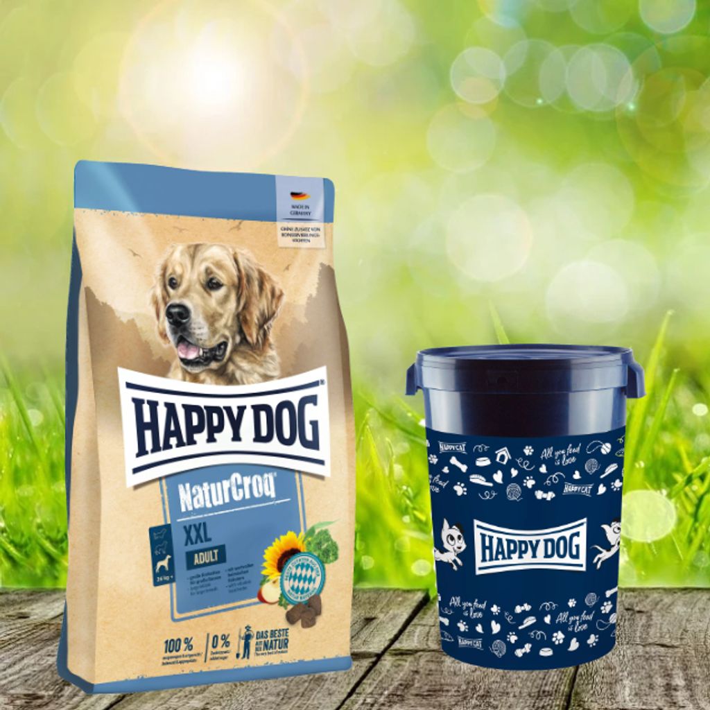 Happy Dog Natur Croq XXL 15 kg + Happy Dog Futtertonne 43 Liter geschenkt