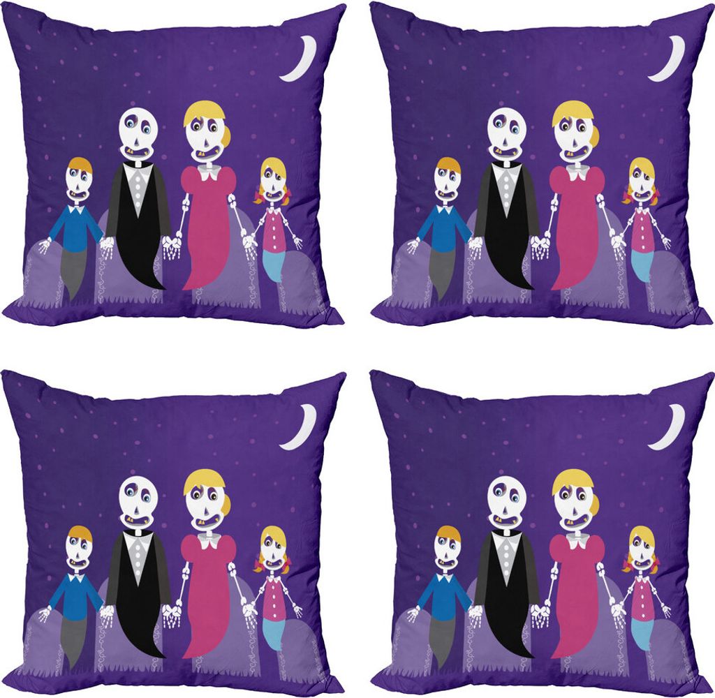 ABAKUHAUS Tag der Toten Kissenbezug Set (4 Stück), Familie von Ghosts, Moderner Doppelseitiger Digitaldruck, 60 cm x 60 cm, Lila und Multicolor