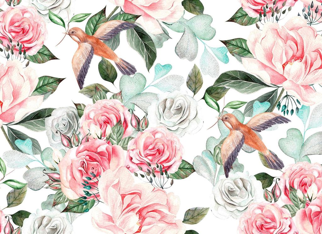 Vogel Fototapete mit Rosen | Schwalben Tapete mit Blumen und Blättern in Grün Rosa | Vintage Fototapete aus Vlies mit Pa
