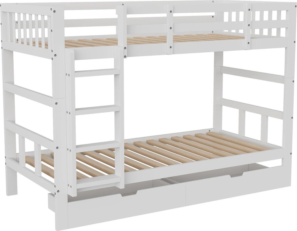 Etagenbett für Kinder - 90x200 cm - Teilbar in 2 Einzelbetten - Massivholz - Mit 2 Schubladen - Weiß