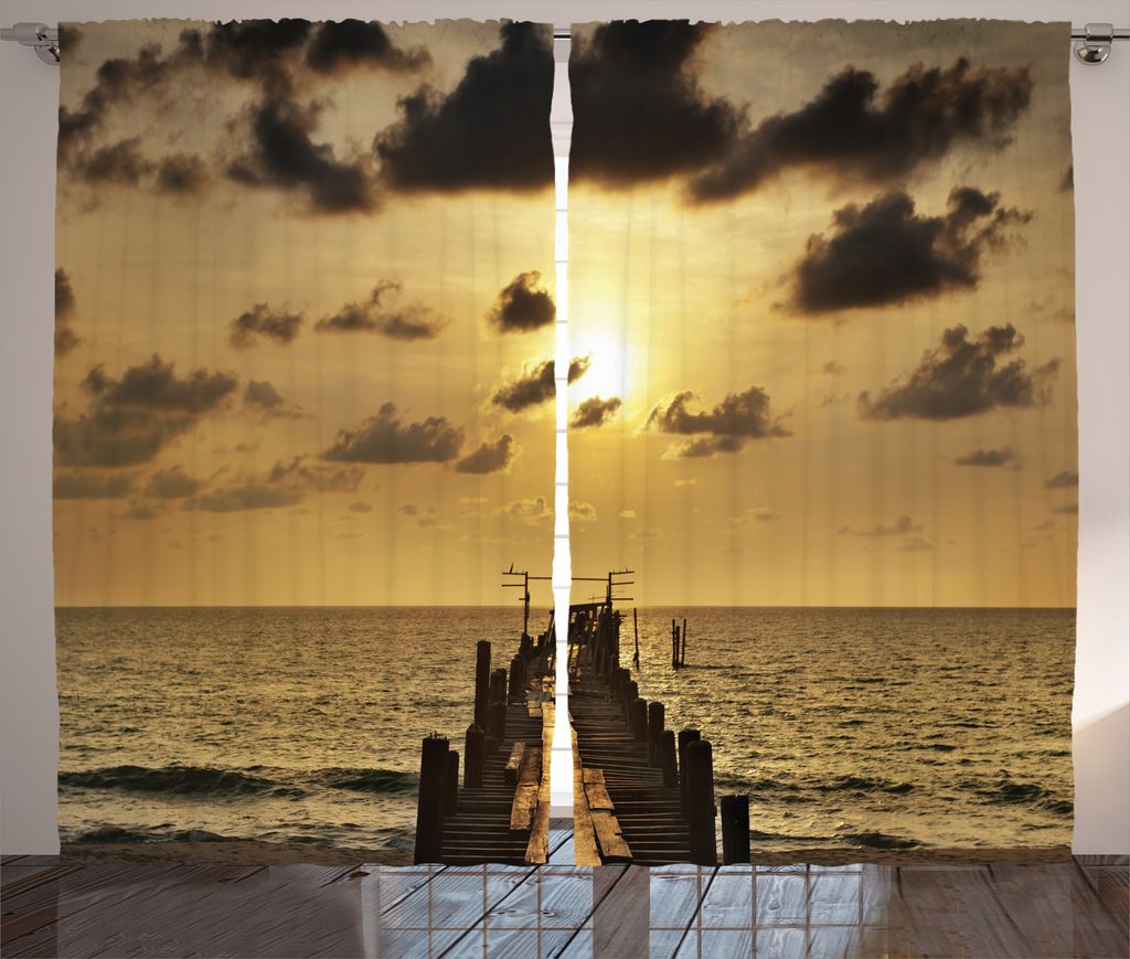 ABAKUHAUS Nautisch Rustikaler Gardine, Old Wood Deck Sunset, Schlafzimmer Kräuselband Vorhang mit Schlaufen und Haken, 280 x 175 cm, Gelb Grau