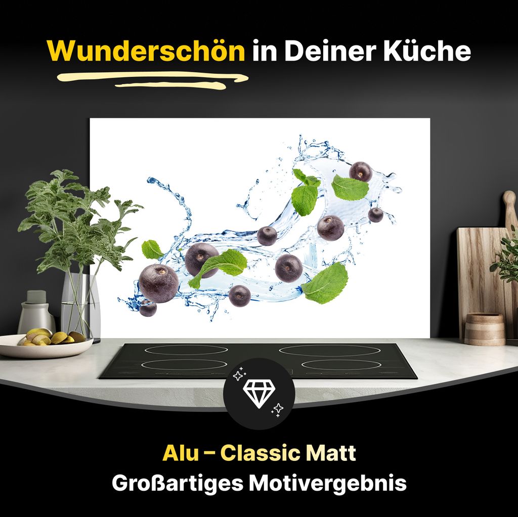 Spritzschutz Küchenrückwand aus Aluminiumverbund in Matt 80x40 cm - Spritzige Blaubeeren