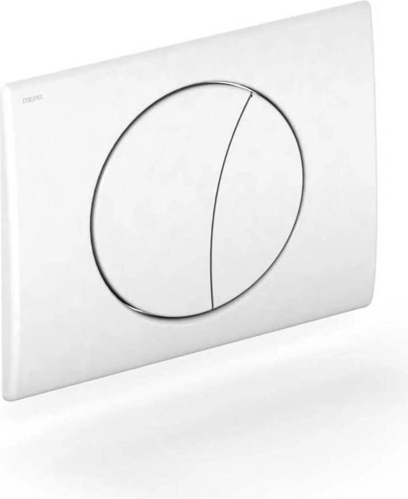 A white toilet flush plate with two buttons, shown at an angle against a white background.