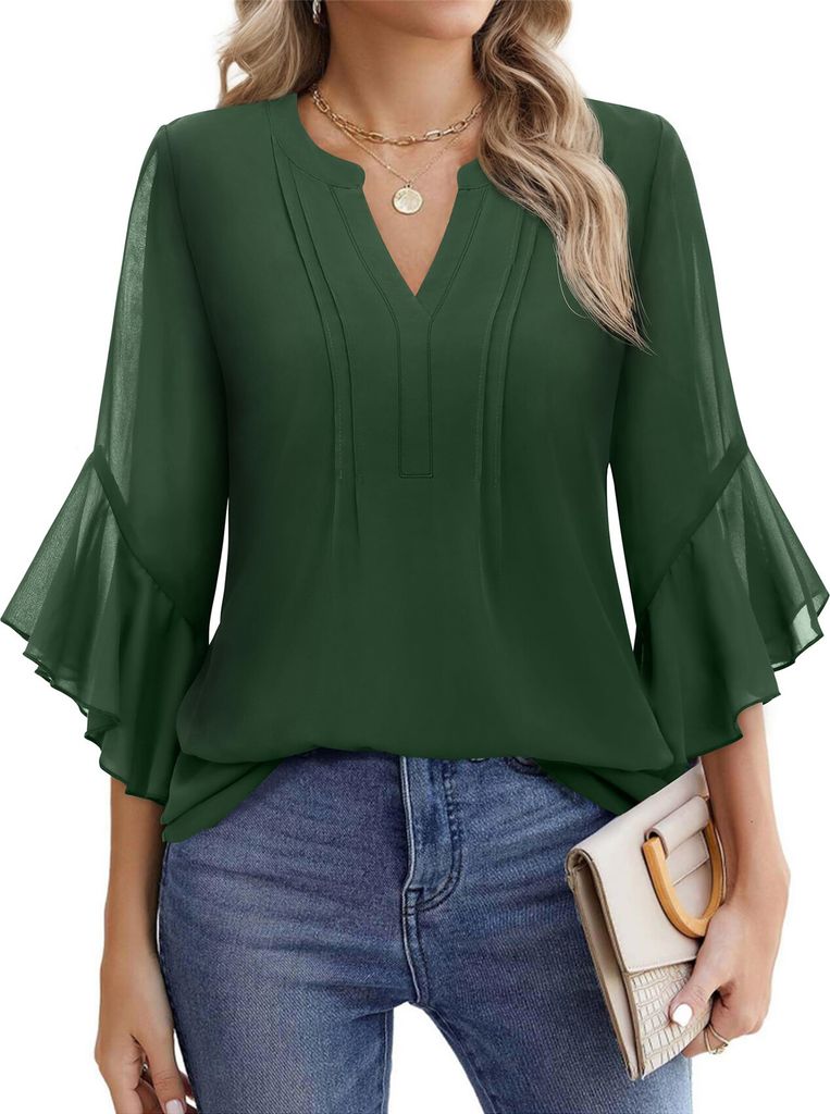 ASKSA Damen 3/4 aermel Bluse Elegant V-Ausschnitt Chiffon Tunika Doppellagig Hemden Tops Shirt Casual Business Locker Oberteil (Armeegruen,L)