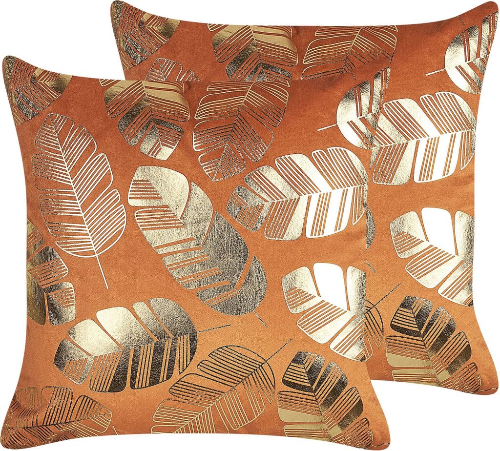 BELIANI Dekokissen 2er Set Orange Samtstoffbezug mit Polyester-Füllung 45x45 cm Pflanzenmotiv Gold Blättermotiv Accessories Wohn- u. Schlafzimmer...