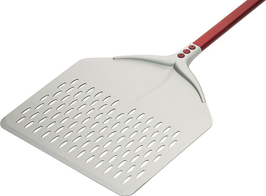 Contacto Pizzaschaufel perforiert 40 x 40 cm eloxiertes Aluminium, flacher Stiel 120 cm Gesamtlänge 165 cm leicht, stabil, Profiqualität für Piz...