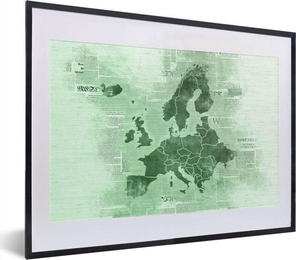 MuchoWow MuchoWow Gerahmtes Poster Karte von Europa - Zeitung - Grün 40x30 cm - Poster mit zchwarzem Bilderrahmen - Bilderrahmen - Poster im R...