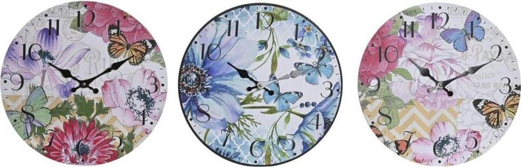 Wanduhr DKD Home Decor Bunt Blomster Holz MDF (34 x 4 x 34 cm) (3 Stück)