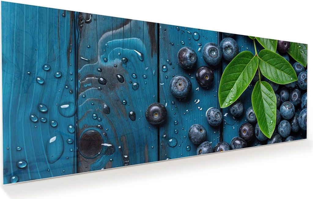 Glasbild 150x60cm in XXL für Wohnzimmer, Schlafzimmer Motiv Blaubeeren auf Holz
