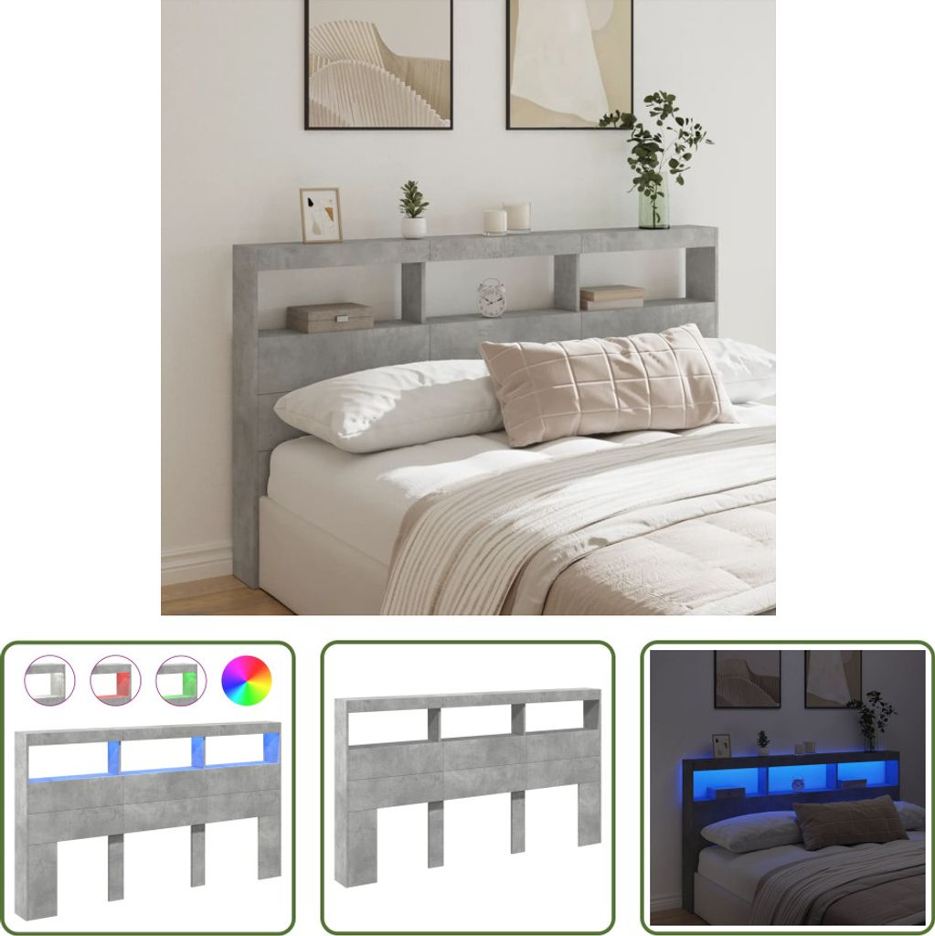 The Living Store LED-Kopfteil mit Ablage Betongrau 180x17x102 cm