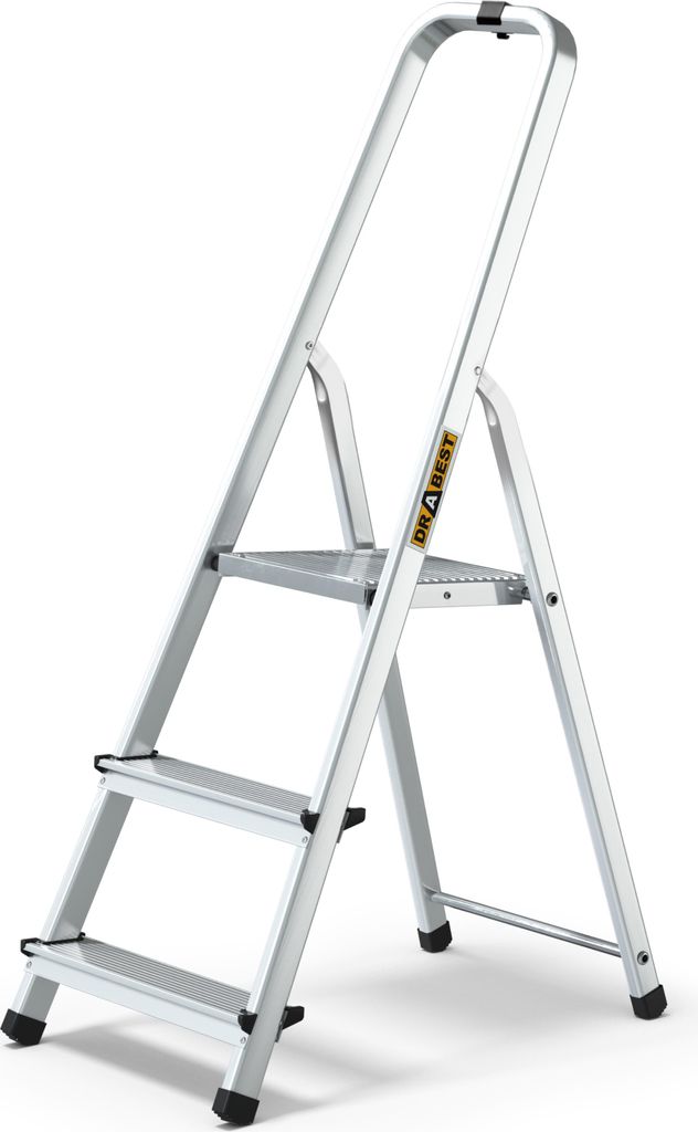 A silver aluminum stepladder with three steps and a storage tray, shown against a white background.