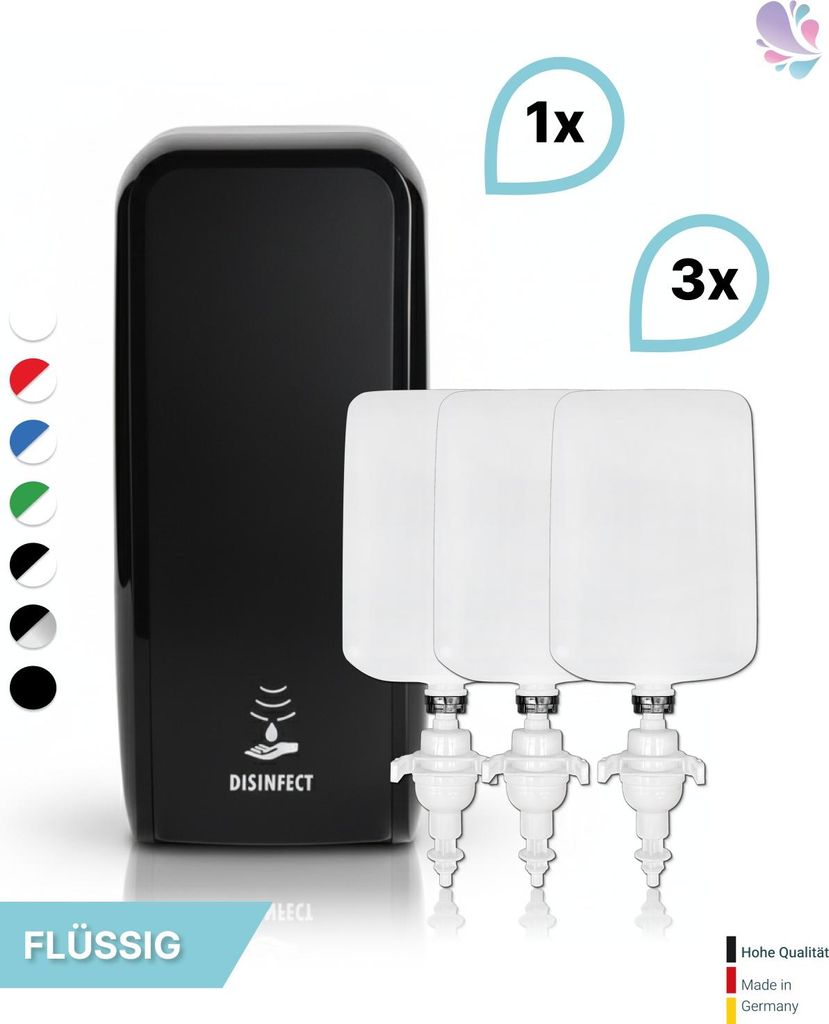 SET: Desinfektionsspender SENSOR, berührungslos Blanc Cosmos + 3x 1-L Haut- und Händedesinfektion - PRODUKTSET : Farbe - Schwarz Farbe: Schwarz