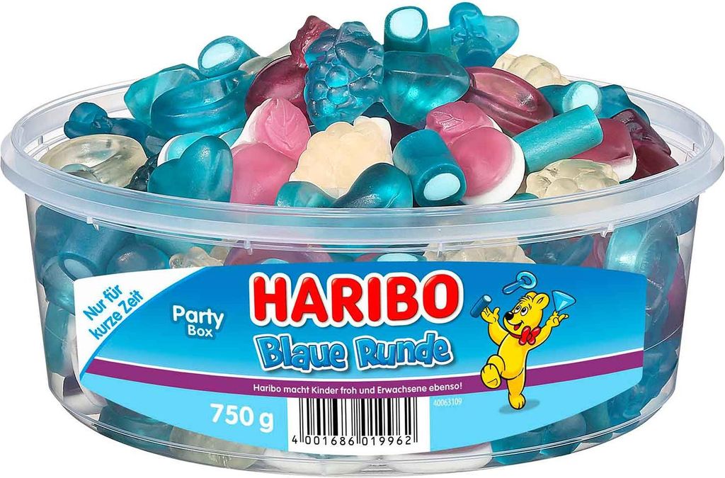Haribo Blaue Runddose Fruchtgummi mit Schaumzucker Packung Produktbild 