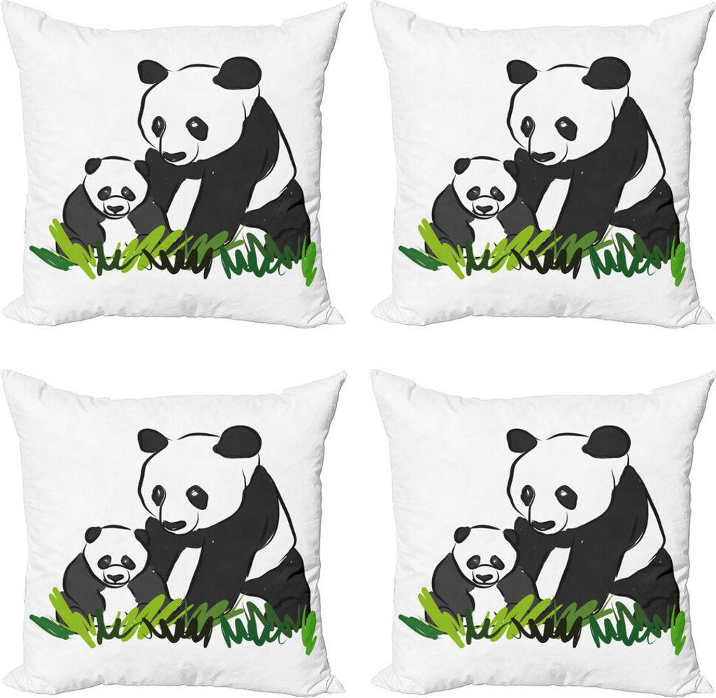 ABAKUHAUS Lustiger Bär Kissenbezug Set (4 Stück), Panda Bear Family Bambu, Moderner Doppelseitiger Digitaldruck, 40 cm x 40 cm, Dunkelgrau Weiß