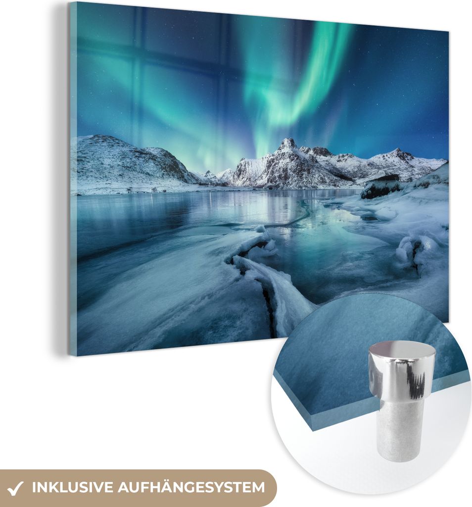 MuchoWow Glasbilder - Bilder auf Wandbild - Foto auf Glas Nordlichter - Schnee - Eis - Norwegen 120x80 cm Wanddekoration aus Glas - Acrylglasbild -...