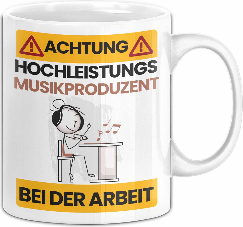 Musikproduzent Tasse Geschenk Lustiger Spruch Geschenkidee für Musikproduzent Achtung Hochleistungs Musikproduzent Bei Der Arbeit (Weiß)